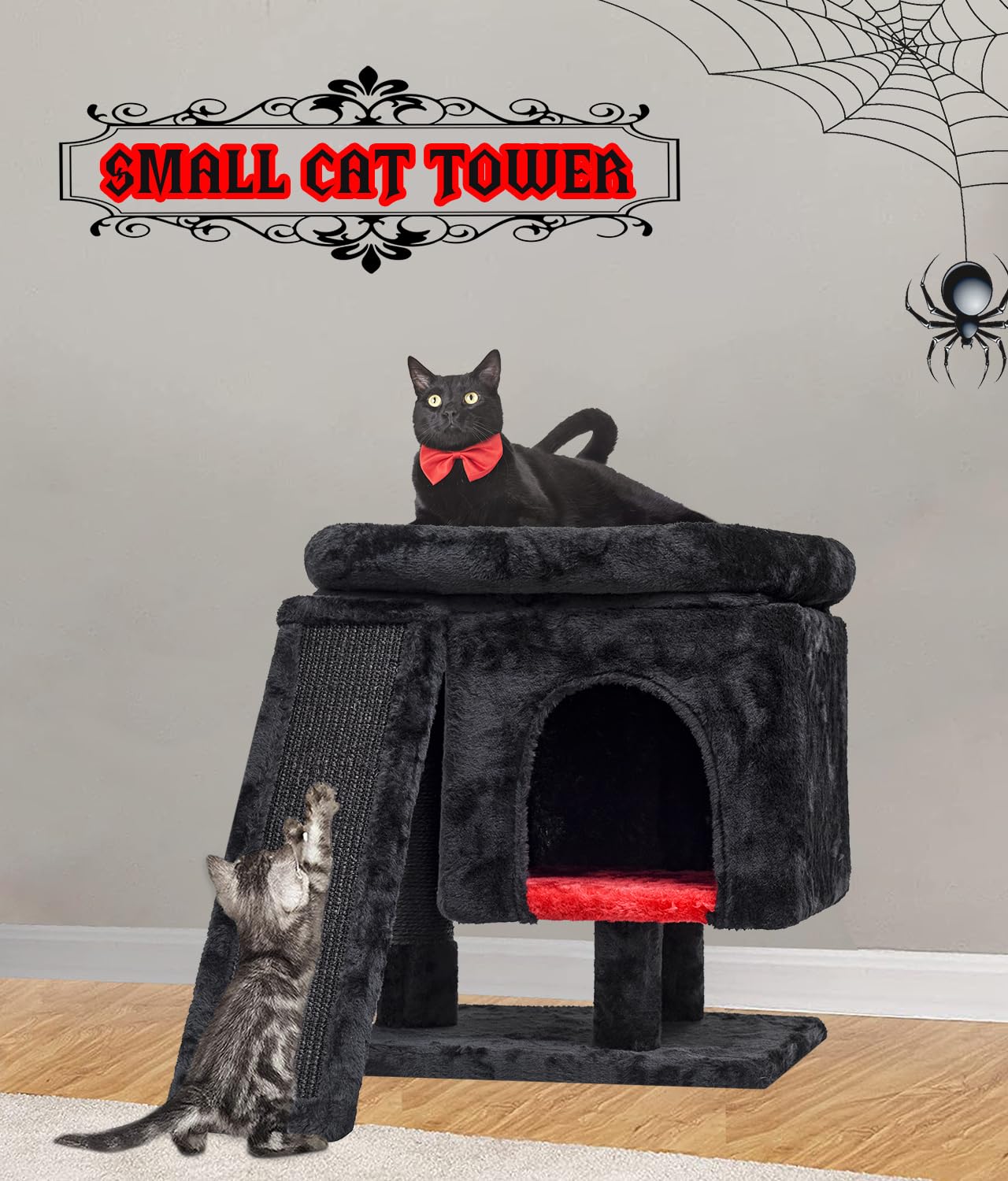 Syandlvy Gothic Cat Tree With Coffin Bed For Indoor Cats, Cat Tower With Scratching Post, Modern Activity House For Large Cats,